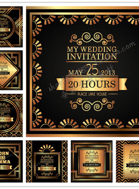 A1552矢量欧式金色art deco风格边框婚礼邀请函模板 AI设计素材