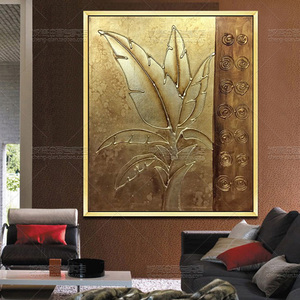 纯手绘油画玄关走廊现代装饰画高雅泰式金箔画 金箔芭蕉叶