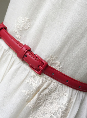 时尚简约百搭真皮牛皮配裙子装饰细腰带女士红色黑色小皮带女白色
