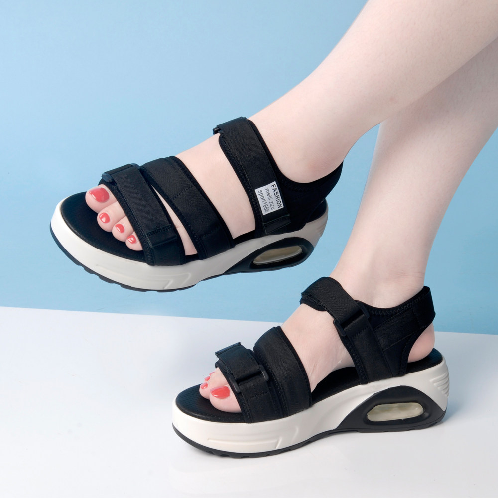 厚底松糕凉鞋女夏2022新款运动休闲女鞋一字带魔术贴平底气垫凉鞋
