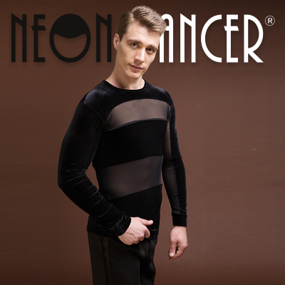 NEON DANCER 男士拉丁舞练功服 新款比赛服 网纱拼进口丝绒上衣