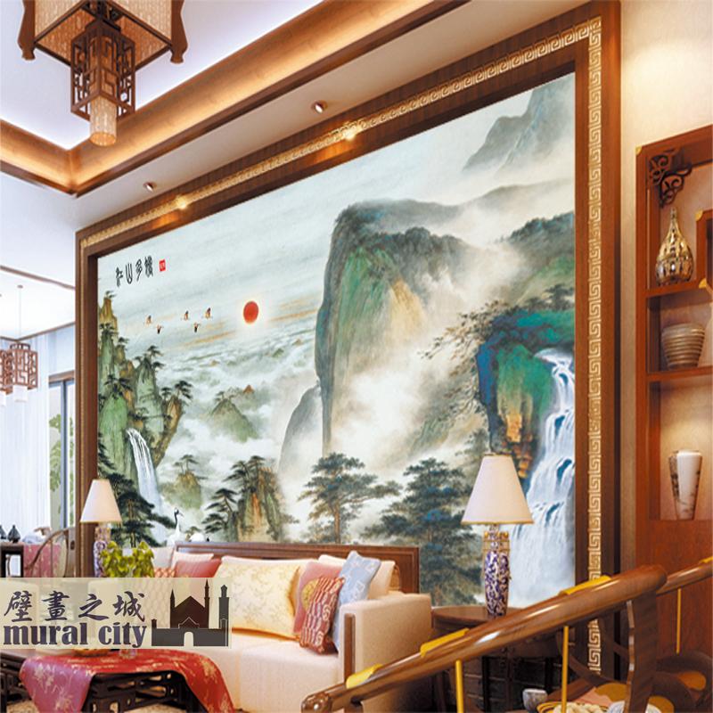 江山多娇日出墙纸中式古墨山水画壁纸酒店客厅壁画电视沙发背景布-天天券