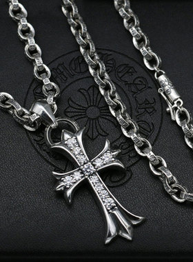 镶钻十字架吊坠朋克风纯银毛衣链