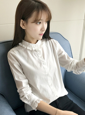 春秋季韩版小清新花边立领学生白色打底上衣女学院风长袖纯棉衬衫