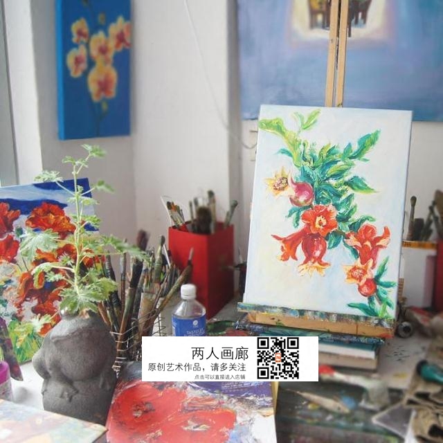 清雅手绘原创油画手工花卉桌面简单油画 美式小幅装饰画 石榴图片