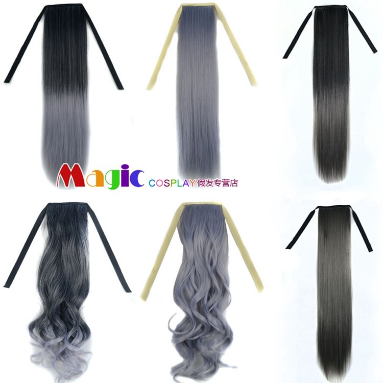 绑发式直马尾黑色渐变奶奶灰色烟灰假发女时尚日常逼真长卷马尾