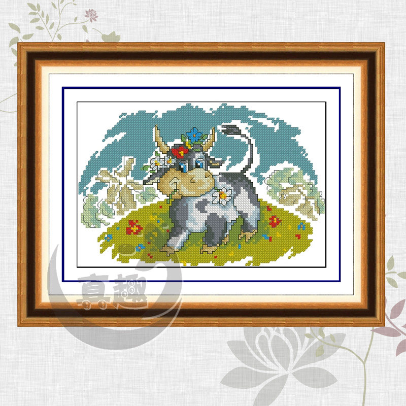 真趣绣坊 法国dmc正品十字绣套件 卡通十字绣牛 动物小幅 小花牛