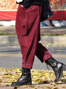 7分裤哈伦裤条绒松紧腰文艺春秋冬裤 红/黑/咖啡Y556有大码包邮