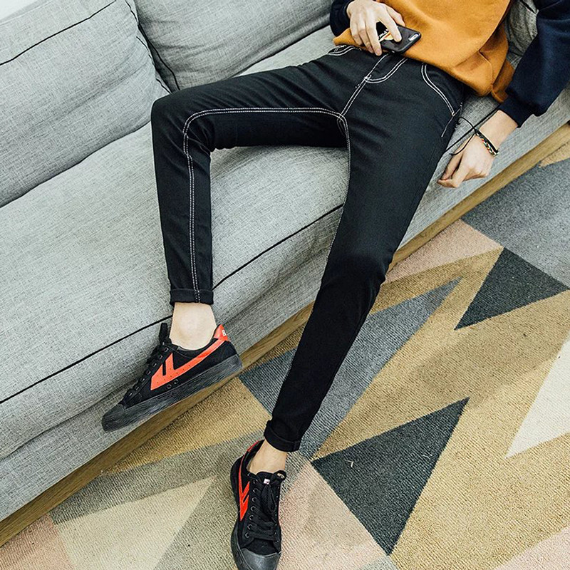 韩版显瘦2023春秋黑色男士牛仔裤男修身款紧身小脚裤青少年长裤子