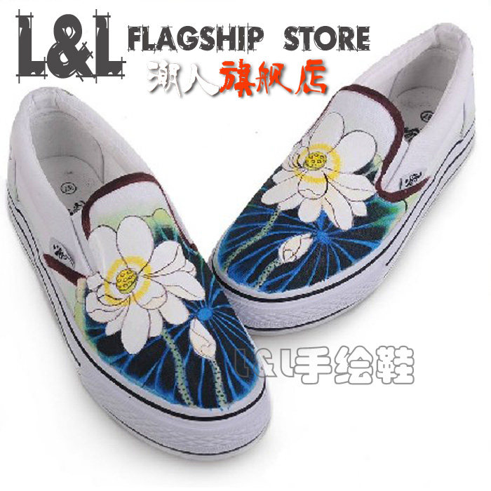LL潮人工作室-新款春秋低帮无带帆布休闲手绘彩绘涂鸦情侣鞋荷花