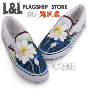 LL潮人工作室-新款春秋低帮无带帆布休闲手绘彩绘涂鸦情侣鞋荷花