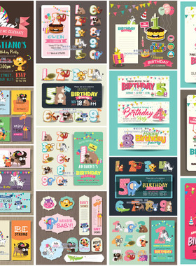A3630矢量卡通生日贺卡数字蛋糕卡片banner动物图案 AI设计素材