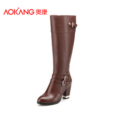 Aokang shoes winter trend of the Western belt buckle biker boots side zipper leather high heel women boots