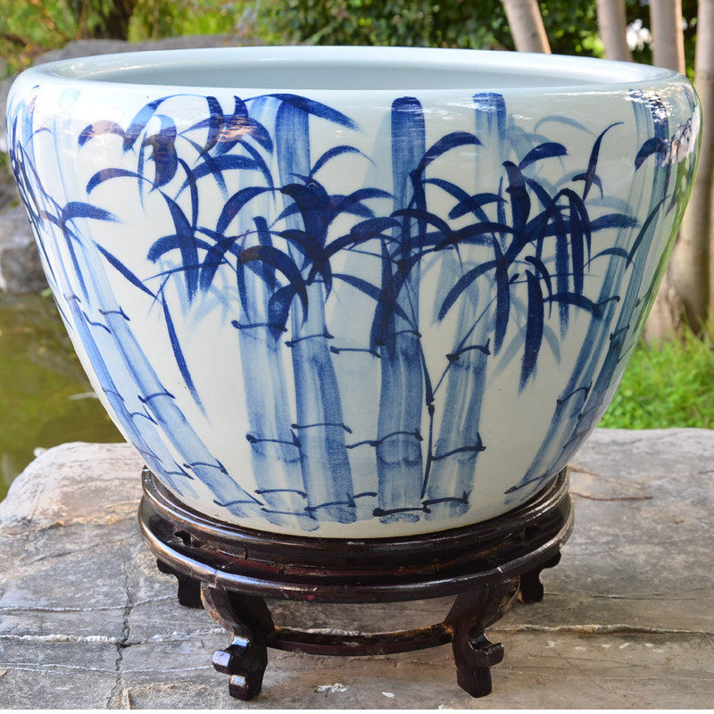 鱼缸水族箱 景德镇陶瓷鱼缸创意生态竹子金鱼缸乌龟睡莲手绘鱼缸