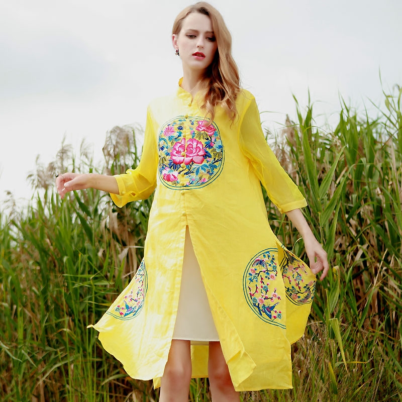 新中式上衣女春夏安娜滕复古国风真丝棉麻刺绣中长款开衫披肩外套
