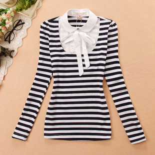 新款春装初高中学生少女装假两件翻领条纹长袖T恤大童贴身上衣潮