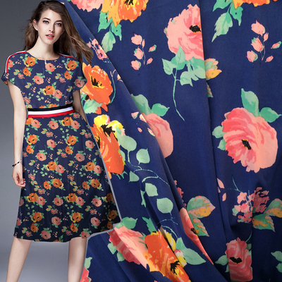 蓝色印花布料真丝缎桑蚕丝面料