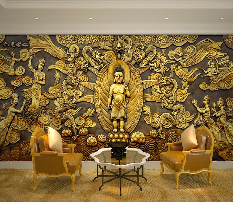 大型壁画无纺布3d寺庙佛像宗教九龙灌浴无缝壁纸酒店电视背景墙纸