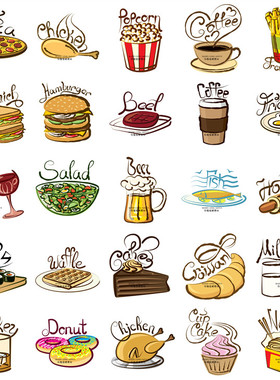 A0023矢量AI设计素材 25张手绘食物披萨快餐爆米花面包咖啡寿司