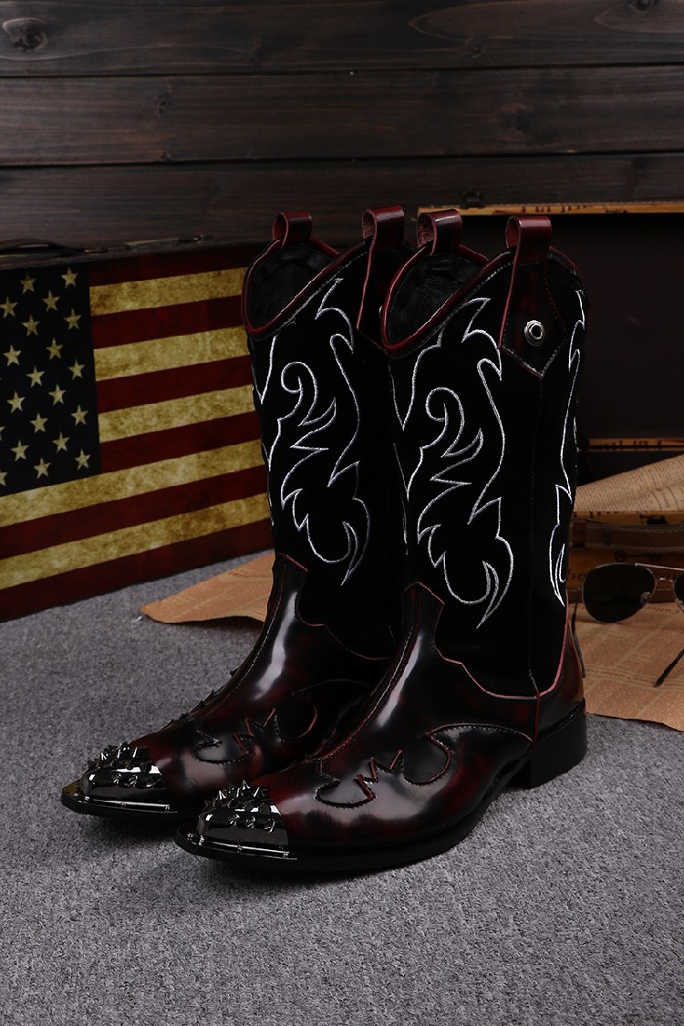 欧美复古高帮高跟尖头铁头高靴牛皮男鞋英伦休闲发型师牛仔男靴子