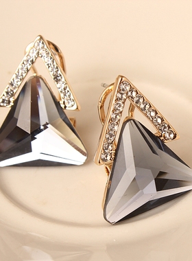 韩高档紫色水晶耳环三角形闪亮水钻大耳钉时尚气质无耳洞耳夹耳饰