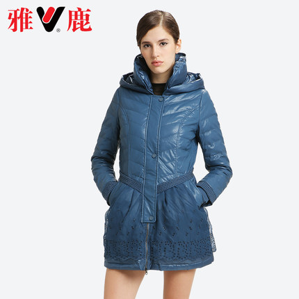 yaloo雅鹿羽绒服 女款 中长款 雪纺 相拼修身连