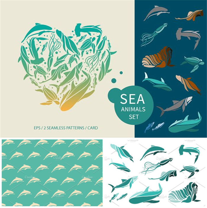 [544]AI矢量设计素材 海洋生物抽象鱼类logo四方连续纹理图