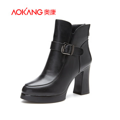 Aokang shoes autumn 2015 new European fashion leather high boots with decorative buckle ankle boots