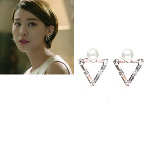 韩国代购BLACKMUSE正品假面刘仁英同款珍珠水晶三角耳环包邮