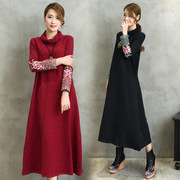 春装新款民族风长袖绣花高领 棉麻宽松大码连衣裙大码女装袍子
