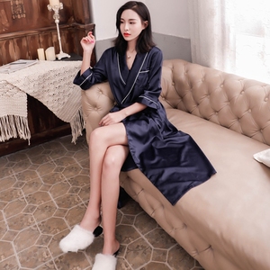 春夏性感丝绸睡衣女修身长款丝质睡袍长袖睡衣女家居服春秋季浴袍