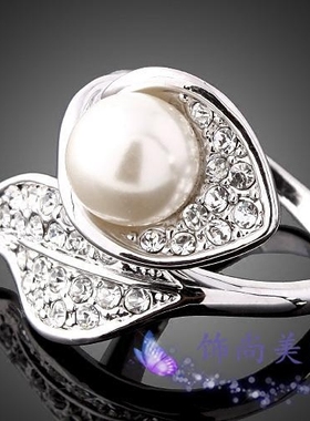 韩国银色珍珠百合花学生戒指