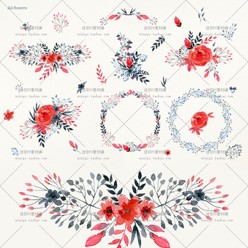 187唯美蓝红花朵平铺碎花喜帖背景手帐贴纸水彩PNG免抠PS设计素材