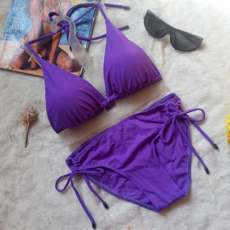 enkil浪漫紫色性感比基尼纯色带可拆卸胸垫无钢托系带女游泳衣