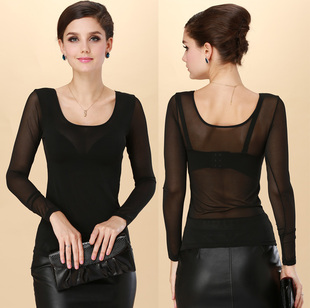 黑色全透明网纱打底衫女长袖薄款超弹力 性感透视上衣 前后u领t恤