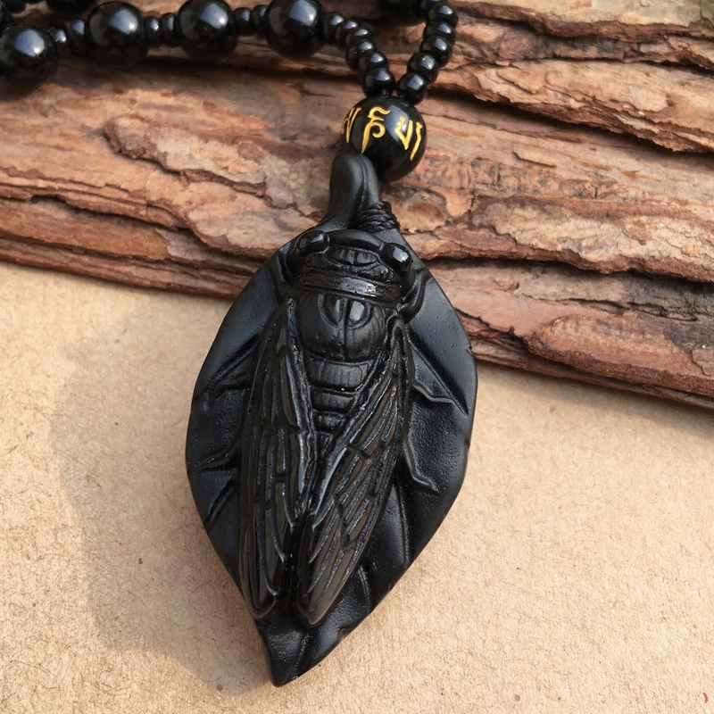 天然黑曜石蝉吊坠一鸣惊人知了树叶蝉玉石项链一夜翻身运挂件男女