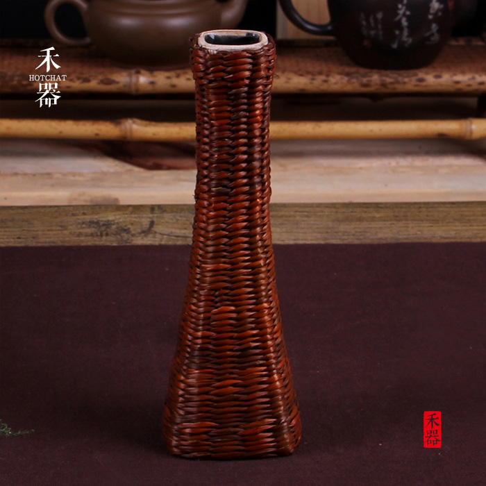 日式风复古草编花瓶茶台水培摆件