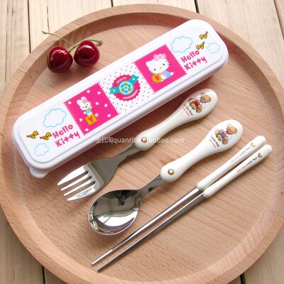 包邮韩国进口不锈钢勺子筷子KT餐具盒套装筷韩国学生便携六一礼物