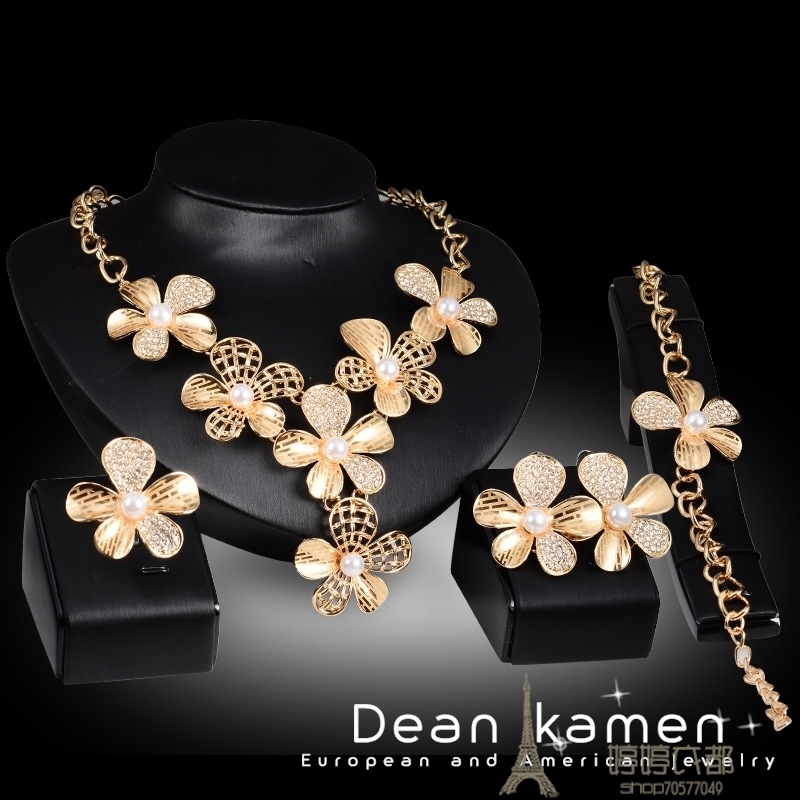 Diamond Flower hollow Pearl Necklace earrings bracelet 4sets