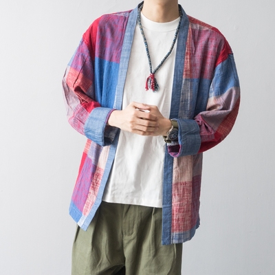 Lab store 日系和风 大格子 道袍 Kimono 8分袖宽松款