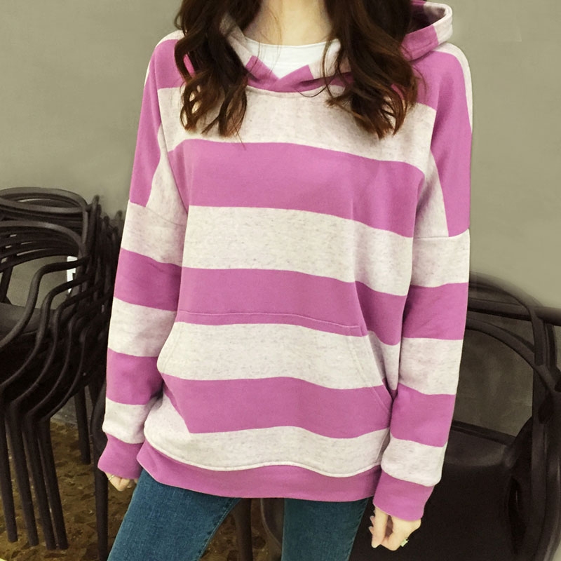 韩国东大门2023春秋新款可爱的连帽宽条纹女子卫衣棉社会百搭宽松