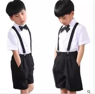 男童白色衬衣/黑色背带短裤/小伴郎服饰/摄影写真服饰/小主持人