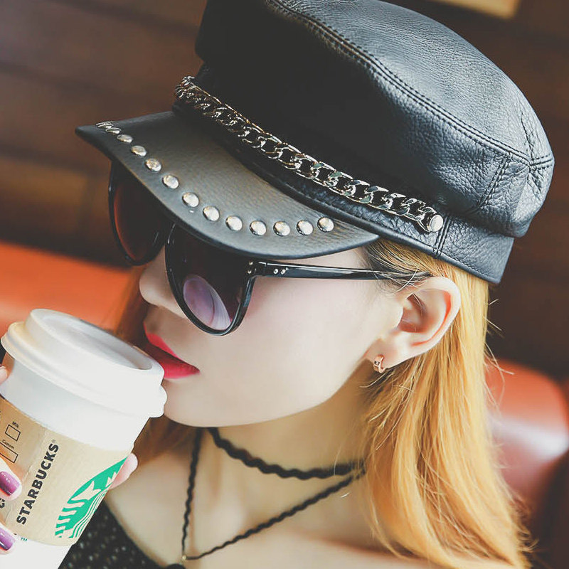 牛皮机车帽 链条铆钉朋克风皮帽子 俄罗斯男女真皮潮学生帽鸭舌帽