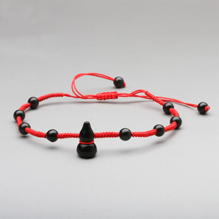 天然黑曜石葫芦手链 手编红绳手链 本命年红手绳葫芦手串