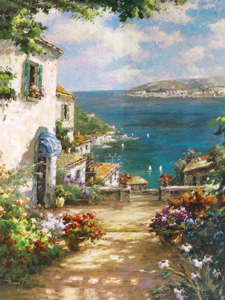 玄关挂画走廊装饰画古典油画竖版地中海风景油画画芯竖画海景