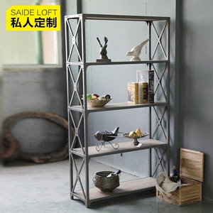 铁艺实木复古书架落地架客厅做旧置物架层架简易储物架多层展示架