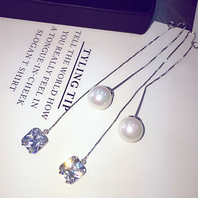 纯银方块锆石韩版饰品珍珠耳环