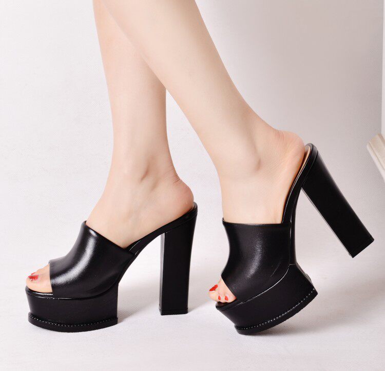 genuine leather With crude Word tow black genuine leather Peep-toe All-match fashion Dressing room High-heeled The thickness of the bottom Women's wear slipperin the Women's Shoes, slipper, Word tow category - from Buy2taobao.com to provide professional Taobao agent buy service