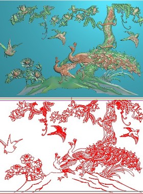 高清精雕图灰度图浮雕图电脑雕刻图精品椅背板孔雀正面1.800x499