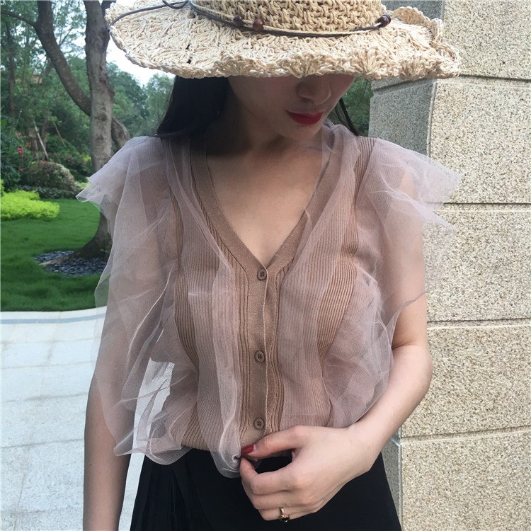 复古韩国chic风温婉气质网纱拼接显瘦V领针织衫女上衣背心